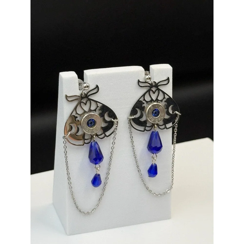 Vintage Womens silver Tone Chain‎ Blue Beaded Fashion Dangle/Drop Earrings